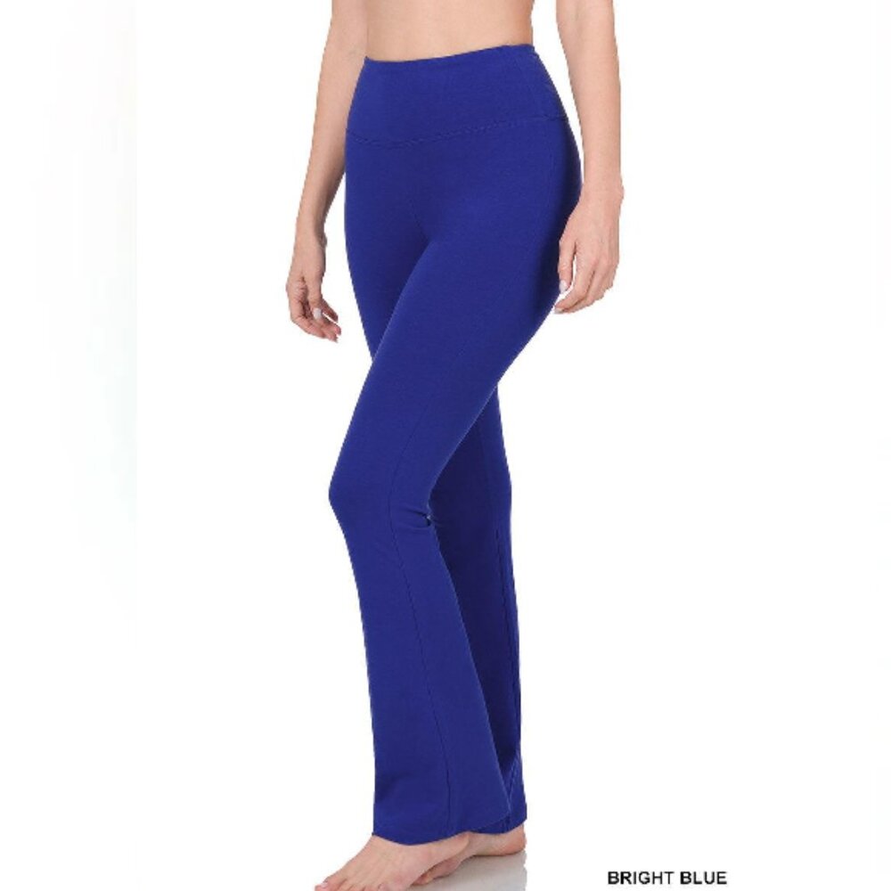 ZENANA PLUS PREMIUM COTTON FOLD OVER YOGA FLARE PANTS BRIGHT BLUE S-M-L-XL
